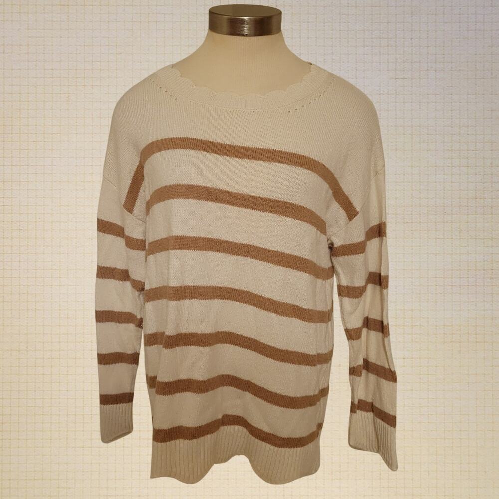 90s Preppy Talbots Petite Large Lightweight Striped Sweater Crimp Neckline Off
